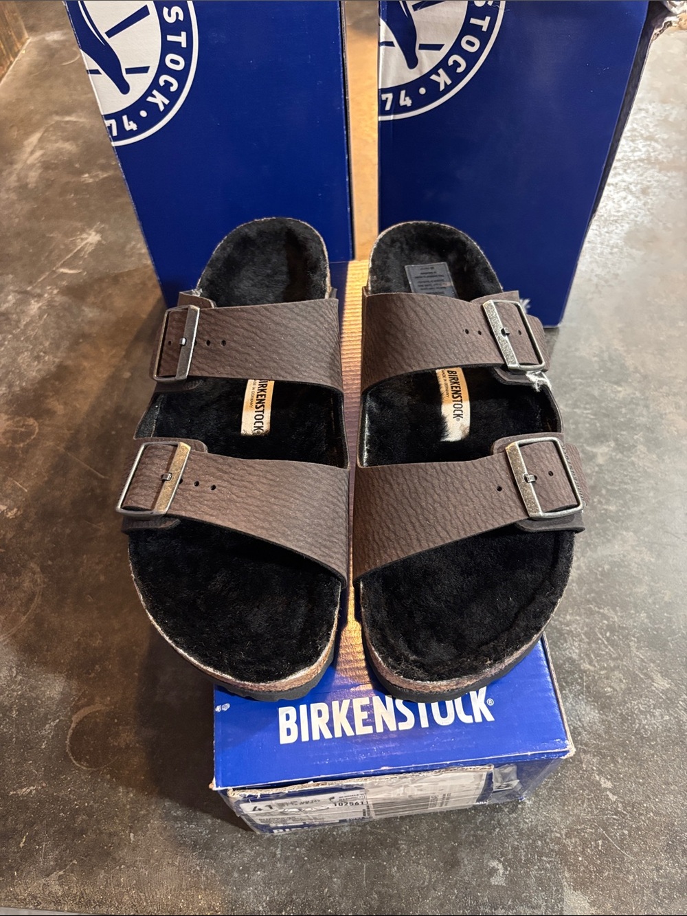 Birkenstock Arizona Shearling Desert Dust Black Sandals EU 41 Narrow Fit